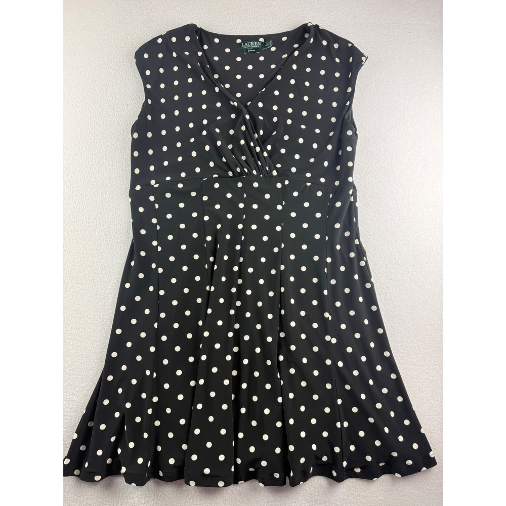 Lauren Ralph Lauren Black White Polka Dot Fit Flare Dress 14W Plus Sleeveless